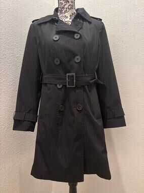 London Fog Womens PL Petite Large Black Trench Coat Belted Plaid Wool Liner